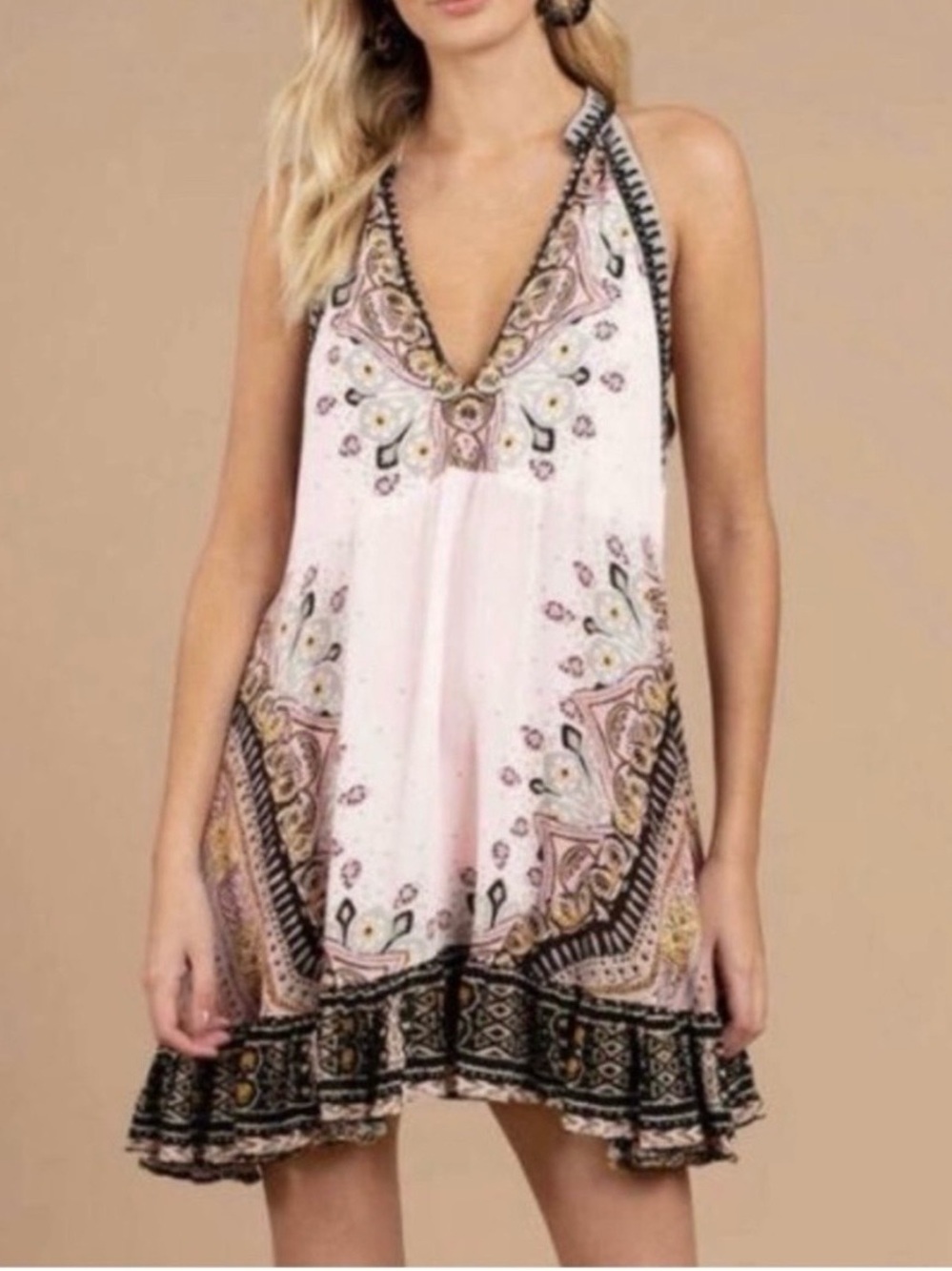 FREE PEOPLE Steal The Sun Tunic Dress Cream Combo Boho Halter Mini XS